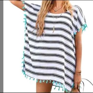 Black and White Blue Tassels Shirt Dress Cover-up